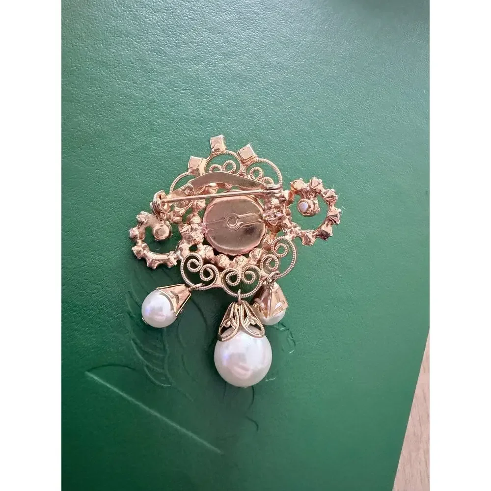 Vintage Gold Faux Pearl and Amber Rhinestone Brooch